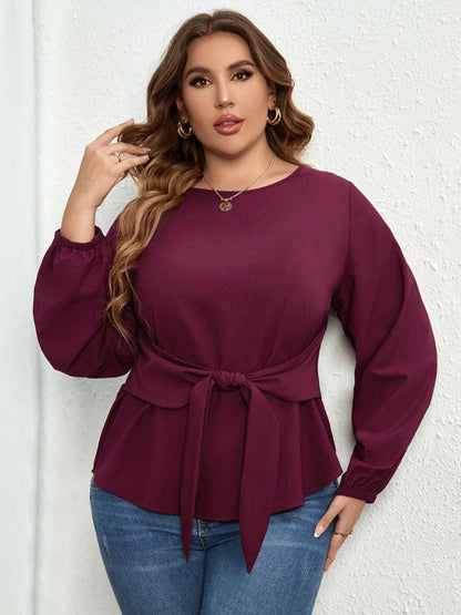 Women’ Plus Size Solid Color Puff Long Sleeve Tie Waist Top - FashionistaDeal