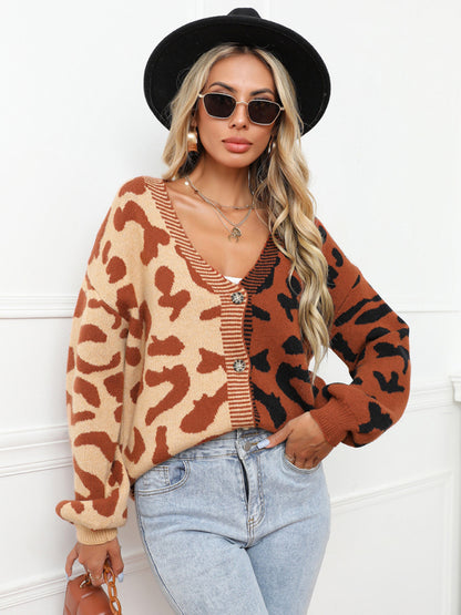 Women's Single Breasted Street Panel Leopard Print Oversized Knit Cardigan Sweater - FashionistaDeal