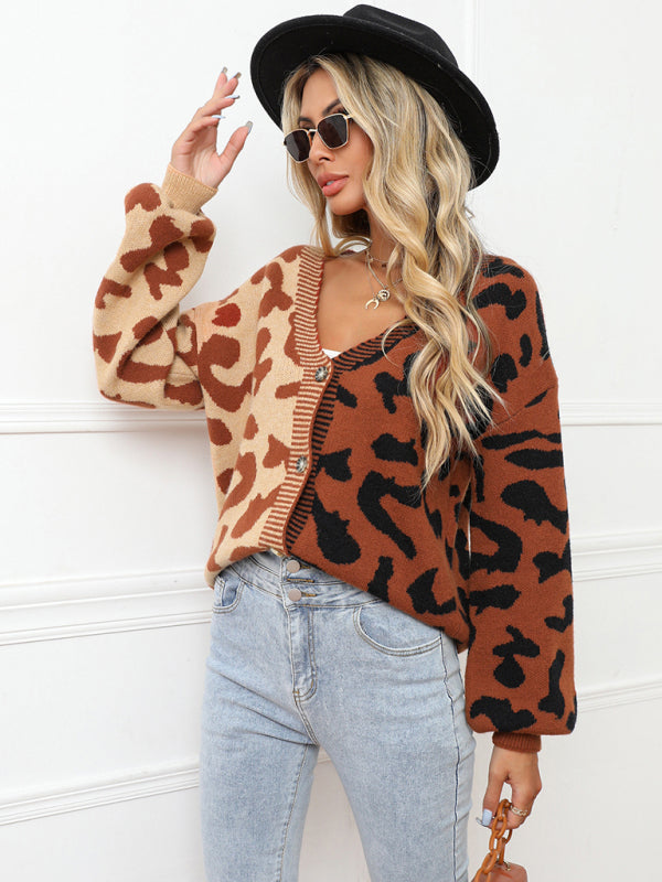 Women's Single Breasted Street Panel Leopard Print Oversized Knit Cardigan Sweater - FashionistaDeal