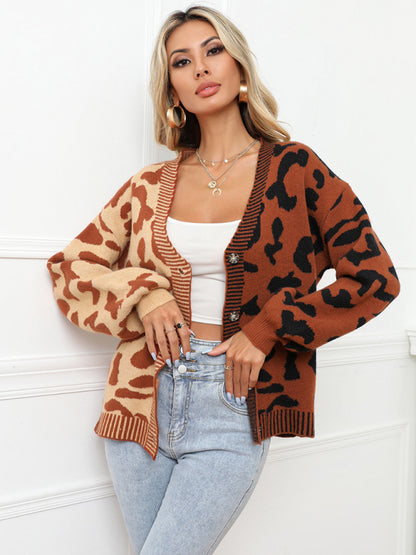 Women's Single Breasted Street Panel Leopard Print Oversized Knit Cardigan Sweater - FashionistaDeal