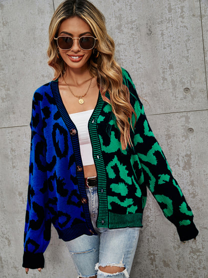 Women's Single Breasted Street Panel Leopard Print Oversized Knit Cardigan Sweater - FashionistaDeal