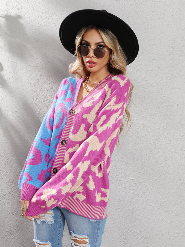 Women's Single Breasted Street Panel Leopard Print Oversized Knit Cardigan Sweater - FashionistaDeal