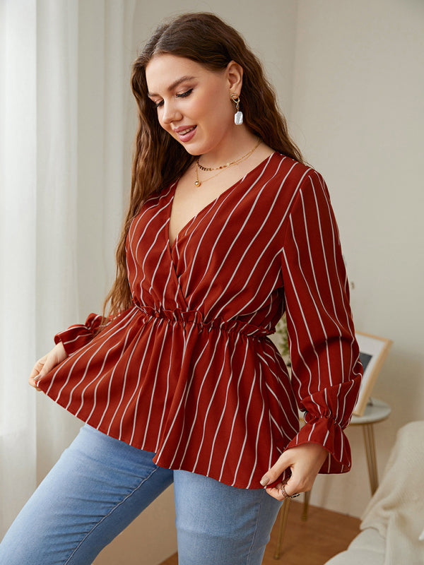 Women’s Stripe Faux Wrap Ruffle Long Sleeve Top - FashionistaDeal