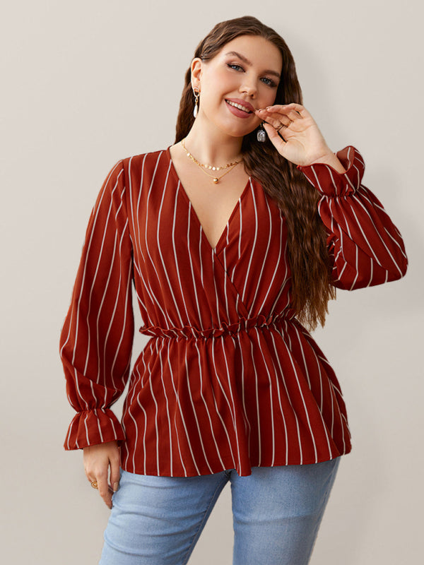 Women’s Stripe Faux Wrap Ruffle Long Sleeve Top - FashionistaDeal