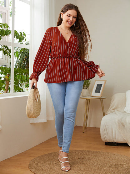 Women’s Stripe Faux Wrap Ruffle Long Sleeve Top - FashionistaDeal