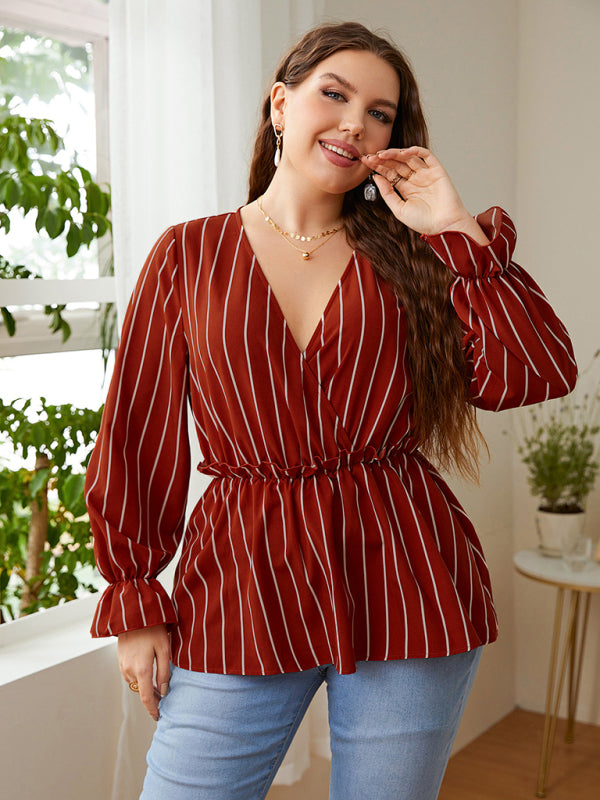 Women’s Stripe Faux Wrap Ruffle Long Sleeve Top - FashionistaDeal