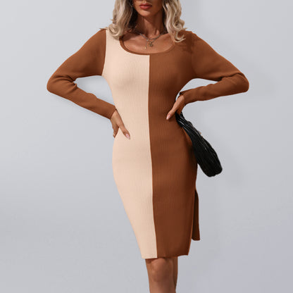 Women’s Color Block Square-neck Ribbed Long Sweater Dress - FashionistaDeal