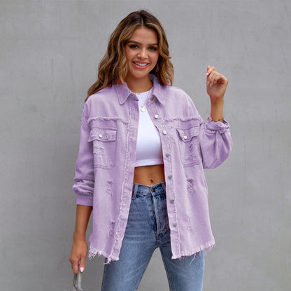 Women’s Solid Color Distressed Denim Jacket - FashionistaDeal