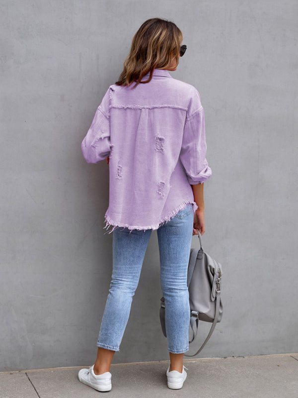 Women’s Solid Color Distressed Denim Jacket - FashionistaDeal