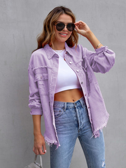 Women’s Solid Color Distressed Denim Jacket - FashionistaDeal