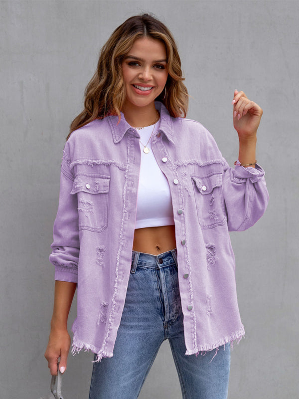 Women’s Solid Color Distressed Denim Jacket - FashionistaDeal