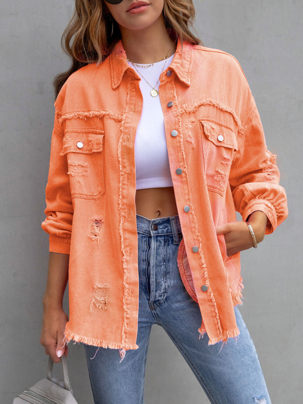 Women’s Solid Color Distressed Denim Jacket - FashionistaDeal