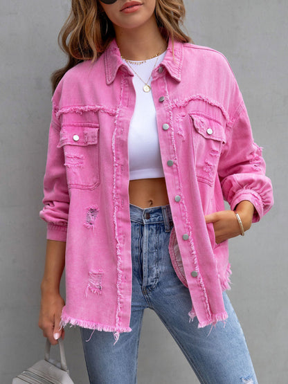 Women’s Solid Color Distressed Denim Jacket - FashionistaDeal