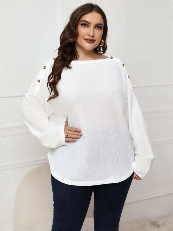 Women's Solid Color Off Neck Plus Size Long Sleeve Top - FashionistaDeal