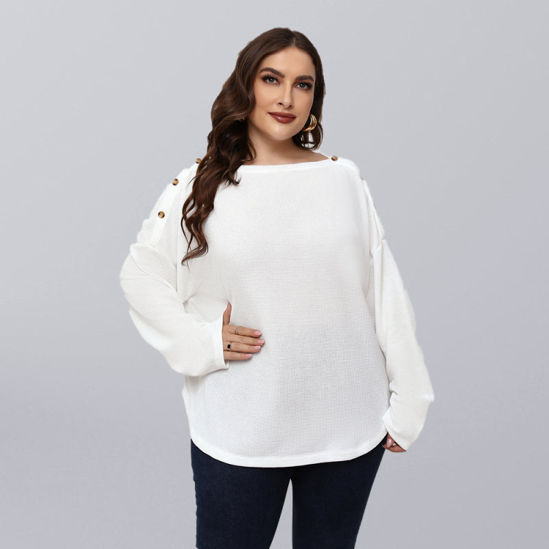 Women's Solid Color Off Neck Plus Size Long Sleeve Top - FashionistaDeal