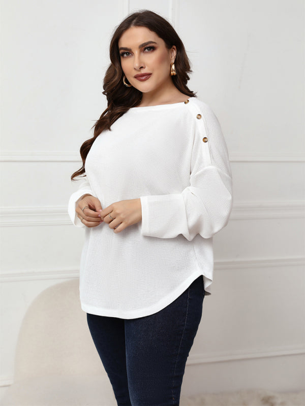 Women's Solid Color Off Neck Plus Size Long Sleeve Top - FashionistaDeal