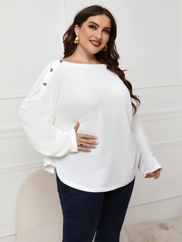 Women's Solid Color Off Neck Plus Size Long Sleeve Top - FashionistaDeal