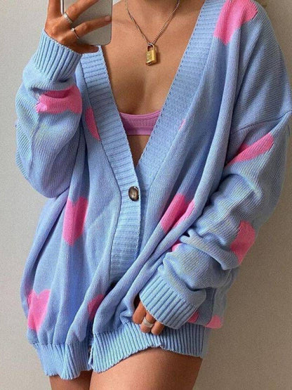 Women's Love flower mid-length V-neck jacket loose casual knitted cardigan - FashionistaDeal