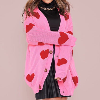 Women's Love flower mid-length V-neck jacket loose casual knitted cardigan - FashionistaDeal