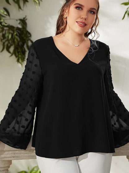 Women's Plus Size Solid Color Lace Polka Pot Sleeve V Neck Blouse - FashionistaDeal