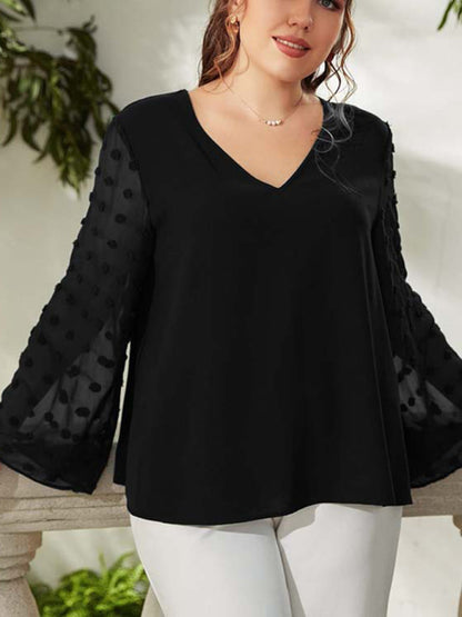 Women's Plus Size Solid Color Lace Polka Pot Sleeve V Neck Blouse - FashionistaDeal