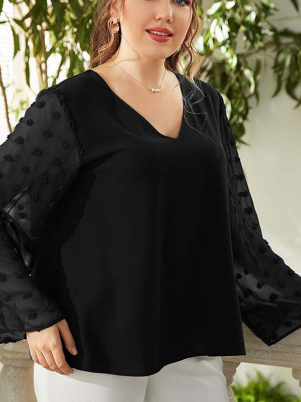 Women's Plus Size Solid Color Lace Polka Pot Sleeve V Neck Blouse - FashionistaDeal