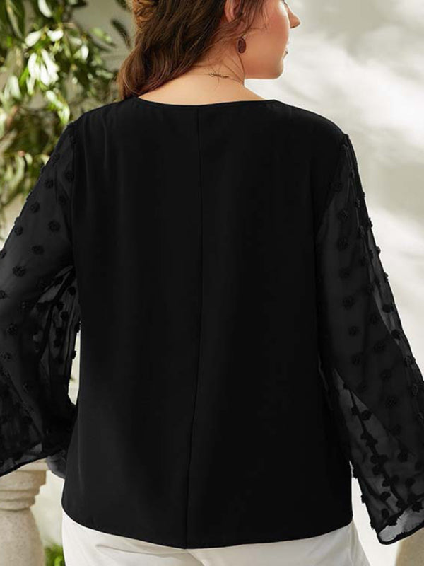 Women's Plus Size Solid Color Lace Polka Pot Sleeve V Neck Blouse - FashionistaDeal