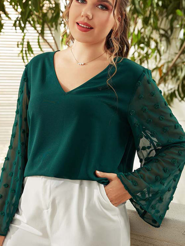 Women's Plus Size Solid Color Lace Polka Pot Sleeve V Neck Blouse - FashionistaDeal