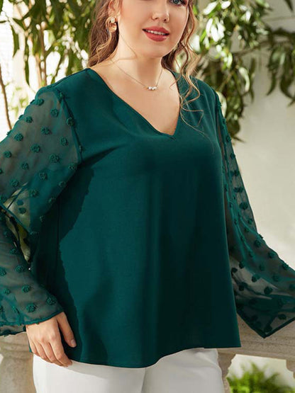 Women's Plus Size Solid Color Lace Polka Pot Sleeve V Neck Blouse - FashionistaDeal