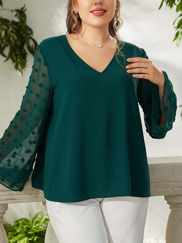 Women's Plus Size Solid Color Lace Polka Pot Sleeve V Neck Blouse - FashionistaDeal