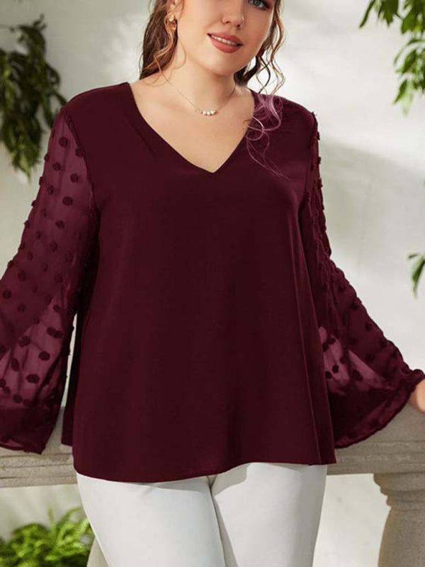 Women's Plus Size Solid Color Lace Polka Pot Sleeve V Neck Blouse - FashionistaDeal