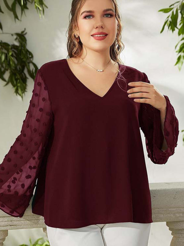 Women's Plus Size Solid Color Lace Polka Pot Sleeve V Neck Blouse - FashionistaDeal