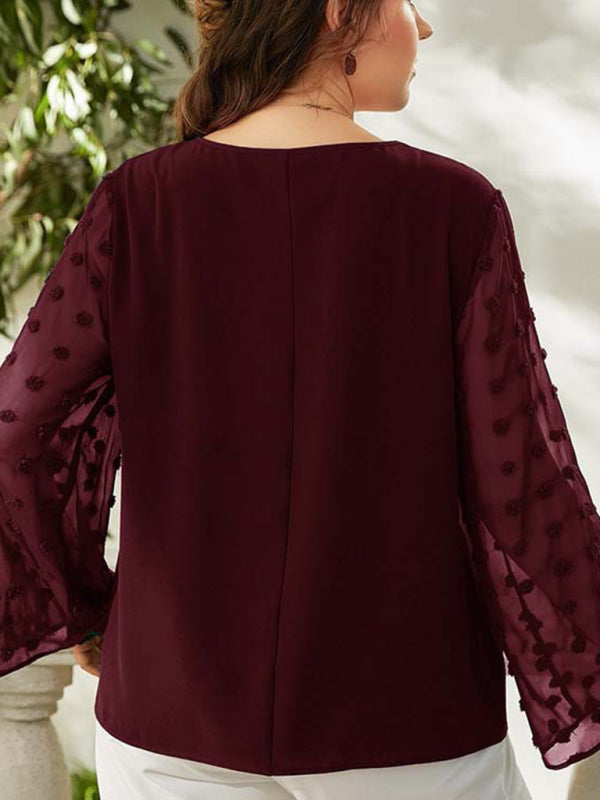 Women's Plus Size Solid Color Lace Polka Pot Sleeve V Neck Blouse - FashionistaDeal