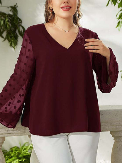 Women's Plus Size Solid Color Lace Polka Pot Sleeve V Neck Blouse - FashionistaDeal