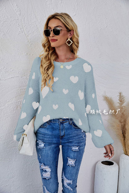 Women's Valentine's Day Knitted Heart Round Neck Knit Pullover Long Sleeve Sweater - FashionistaDeal