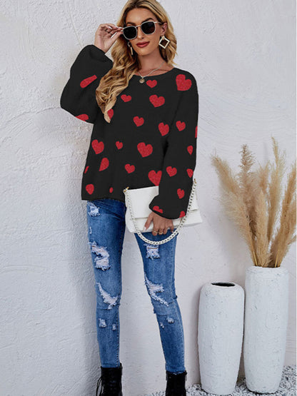 Women's Valentine's Day Knitted Heart Round Neck Knit Pullover Long Sleeve Sweater - FashionistaDeal