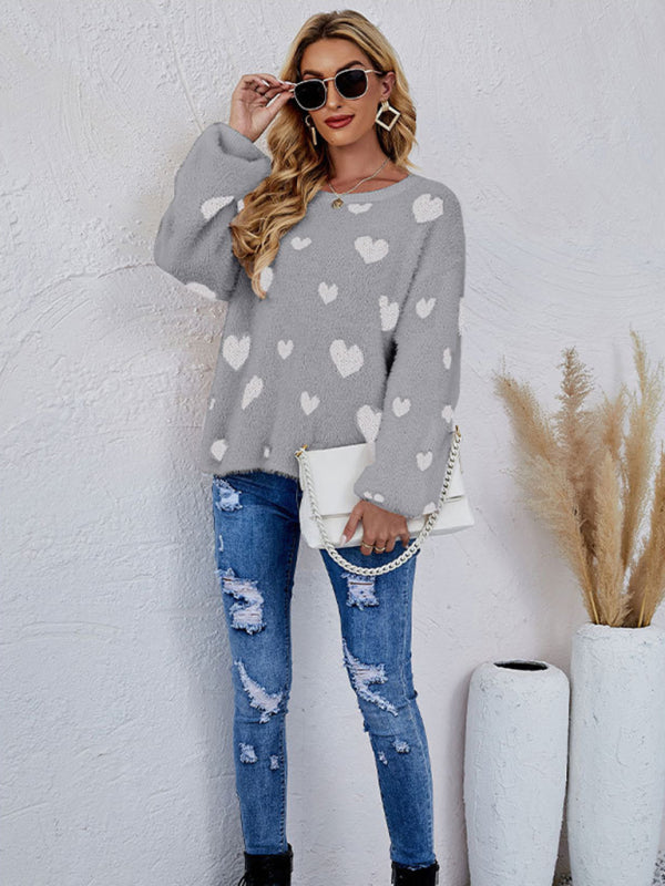 Women's Valentine's Day Knitted Heart Round Neck Knit Pullover Long Sleeve Sweater - FashionistaDeal