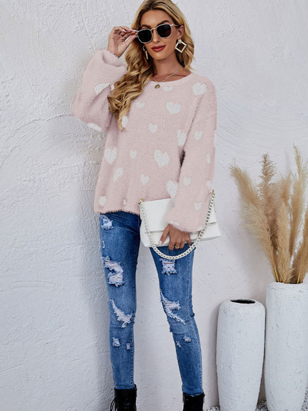 Women's Valentine's Day Knitted Heart Round Neck Knit Pullover Long Sleeve Sweater - FashionistaDeal