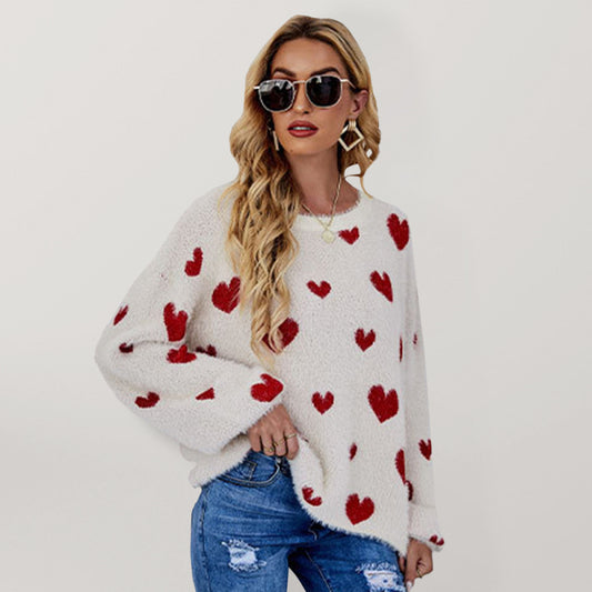 Women's Valentine's Day Knitted Heart Round Neck Knit Pullover Long Sleeve Sweater - FashionistaDeal