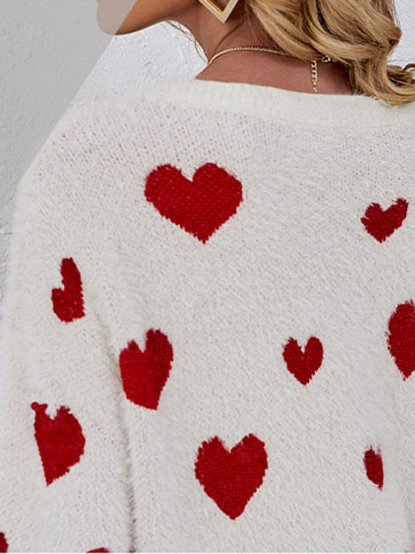 Women's Valentine's Day Knitted Heart Round Neck Knit Pullover Long Sleeve Sweater - FashionistaDeal