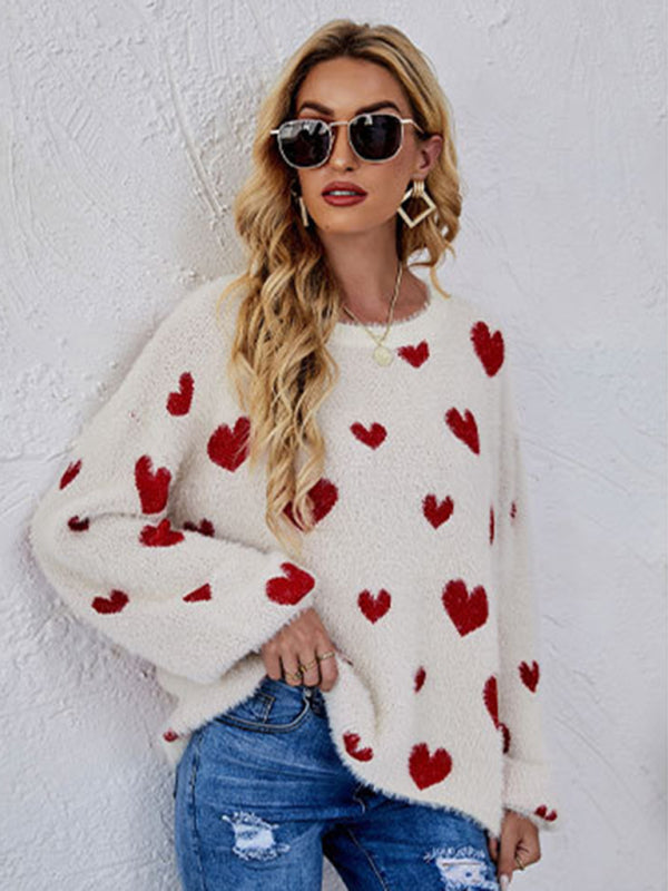 Women's Valentine's Day Knitted Heart Round Neck Knit Pullover Long Sleeve Sweater - FashionistaDeal