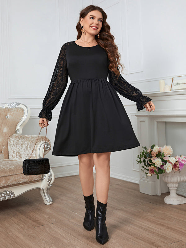 Women's Solid Color Lace Elegant Plus Size Dress - FashionistaDeal