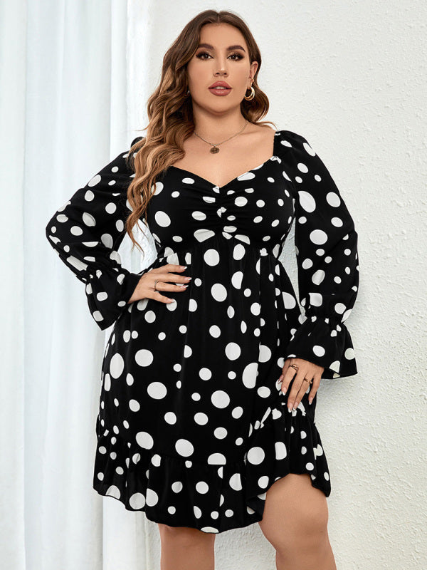 Women's Plus Size Sweetheart Neck Dot Print Ruched Puff Sleeve A Line Minidress - FashionistaDeal