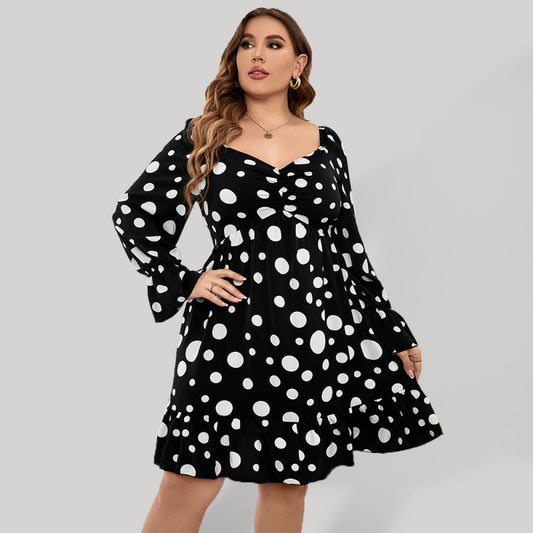 Women's Plus Size Sweetheart Neck Dot Print Ruched Puff Sleeve A Line Minidress - FashionistaDeal