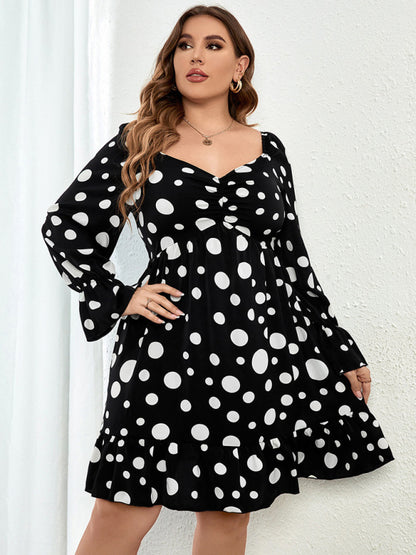 Women's Plus Size Sweetheart Neck Dot Print Ruched Puff Sleeve A Line Minidress - FashionistaDeal