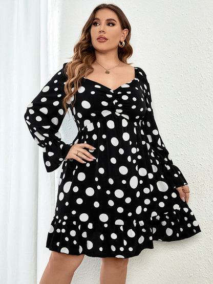 Women's Plus Size Sweetheart Neck Dot Print Ruched Puff Sleeve A Line Minidress - FashionistaDeal