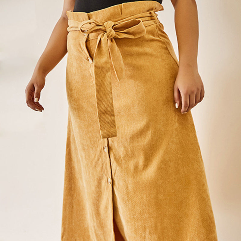 Women's Solid Color Plus Size High Waist Corduroy Belted Midi Skirt - FashionistaDeal