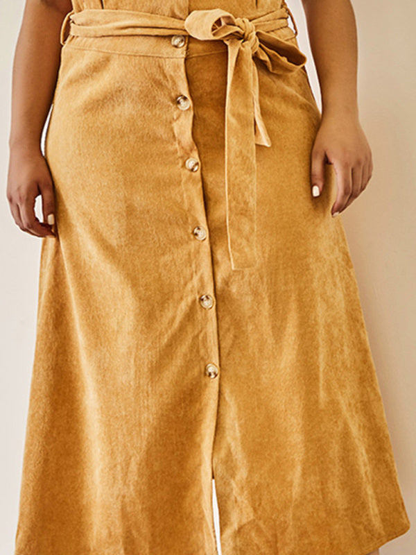 Women's Solid Color Plus Size High Waist Corduroy Belted Midi Skirt - FashionistaDeal