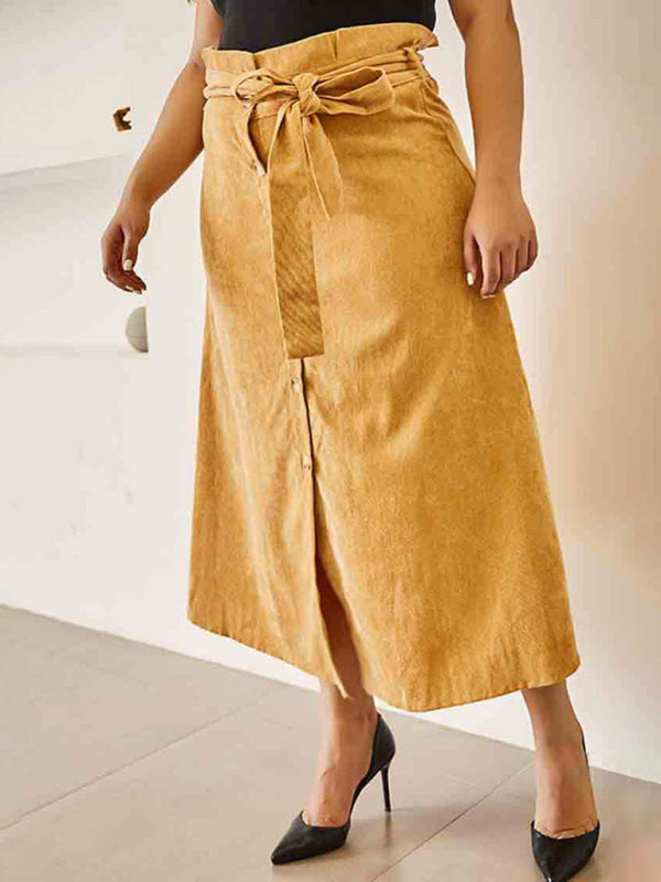 Women's Solid Color Plus Size High Waist Corduroy Belted Midi Skirt - FashionistaDeal