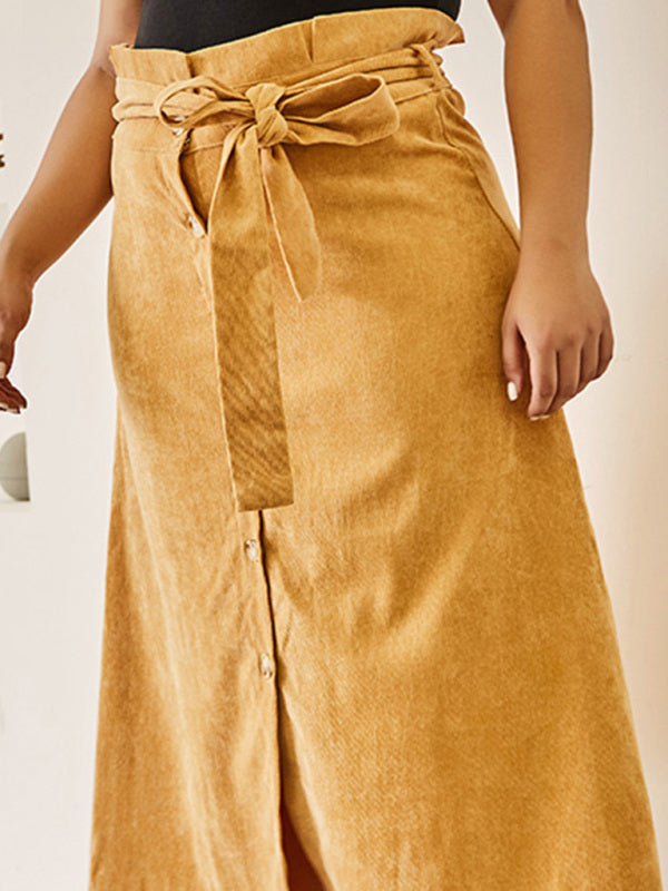 Women's Solid Color Plus Size High Waist Corduroy Belted Midi Skirt - FashionistaDeal